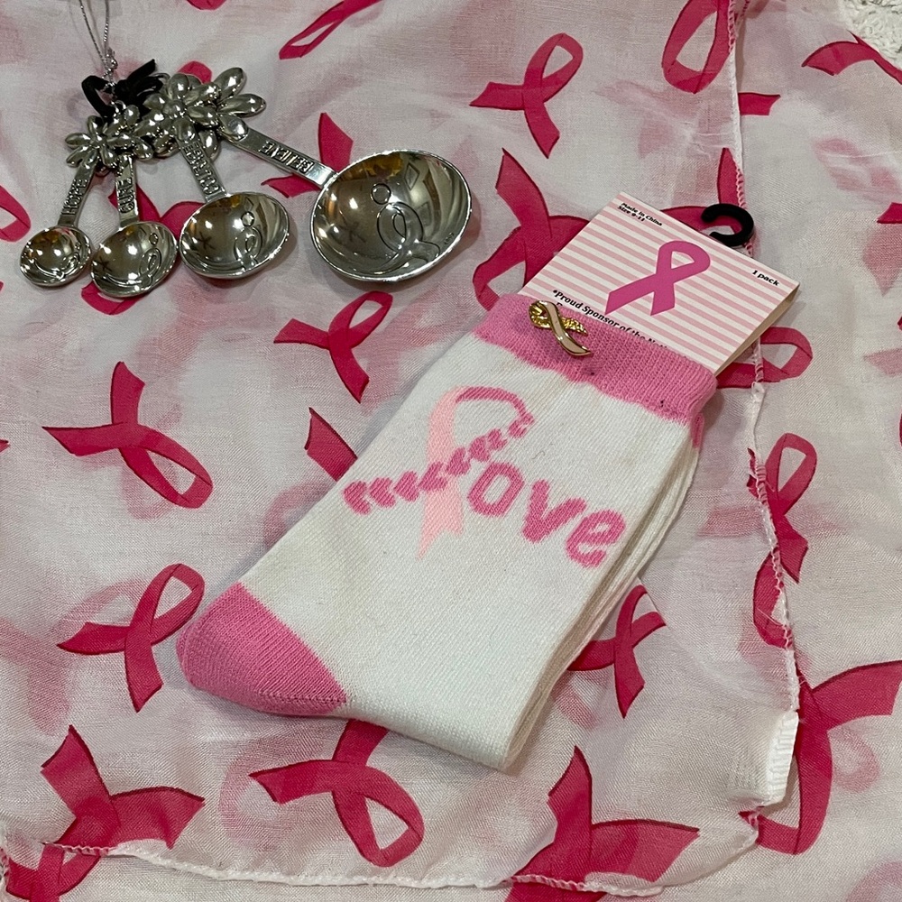 Breast Cancer Awareness Pink Ribbon Spoon Scarf Socks Pin Bundle